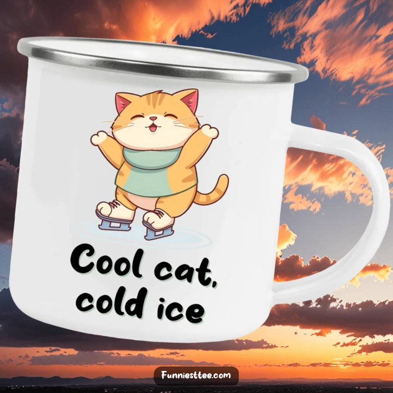 Funny Camping Mug showing a fat cat attempting ice skating outdoors, looking comically out of place and unsteady.