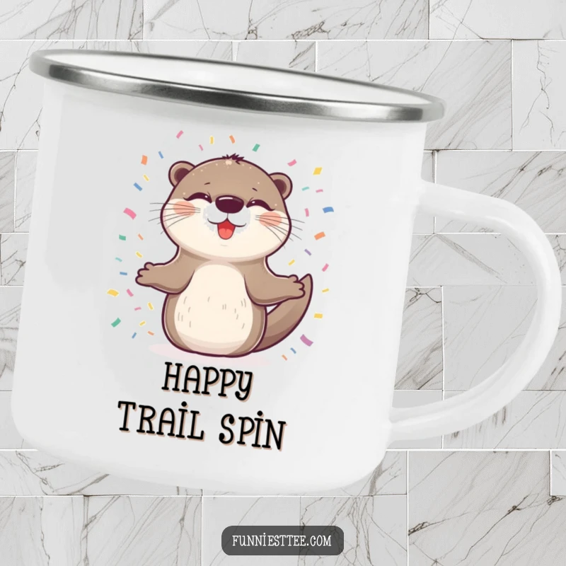Funny camping mug with a delighted otter spinning happily in confetti, ideal for joyful sips and adventure.