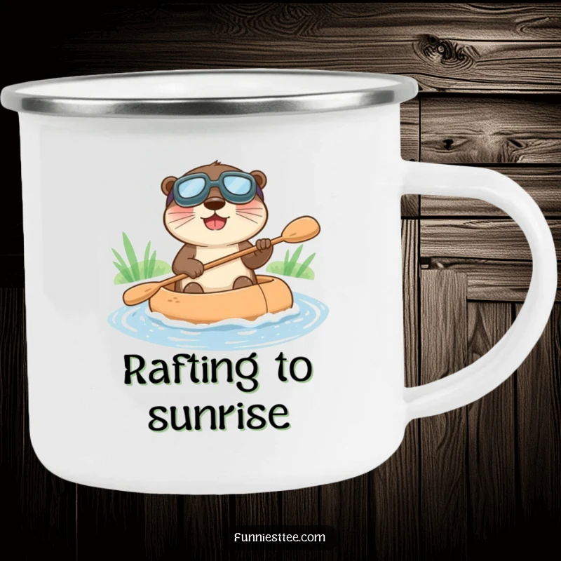 Funny camping mug with a happy otter in goggles, paddling a raft down a gentle stream, for outdoor joy.