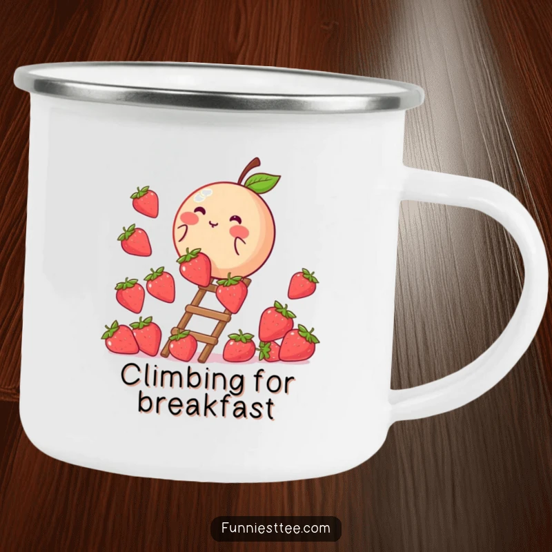 Funny camping mug featuring a blushing peach climbing a ladder made of strawberries, ideal for outdoor enthusiasts who love sweet designs.