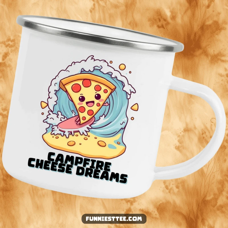 Funny determined pizza slice surfing a breaking wave of cheese on a camping mug, a humorous and durable outdoor mug.