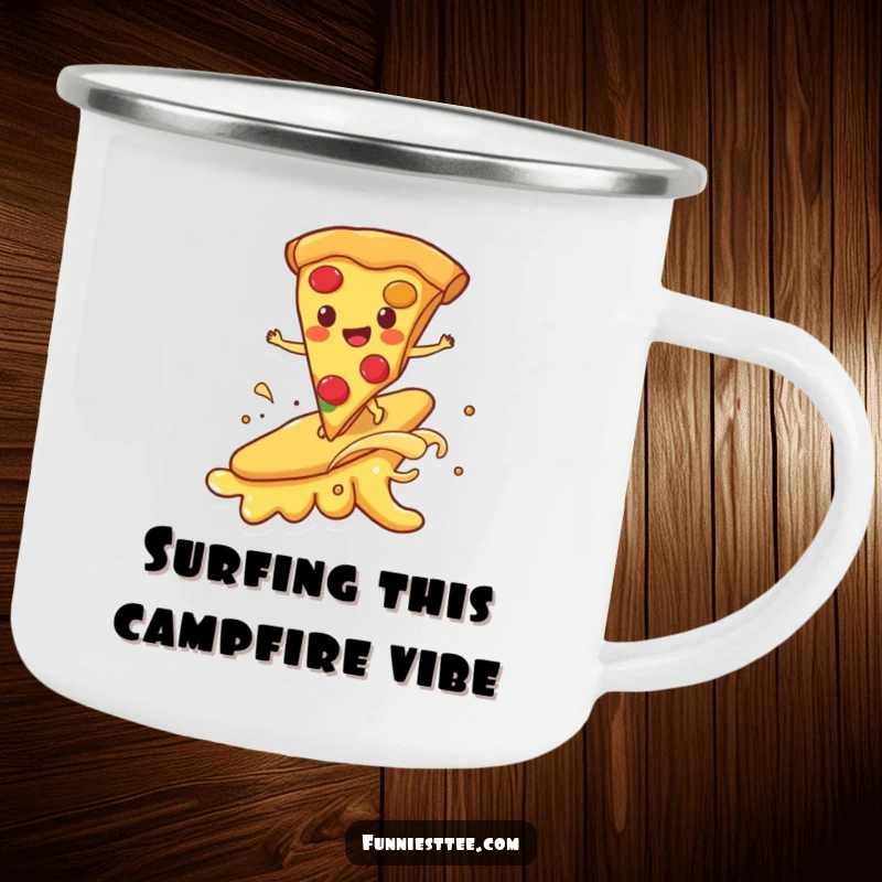 Funny camping mug depicting a happy pizza slice surfing on a melting cheese wave, designed for durability and humor during outdoor escapades.