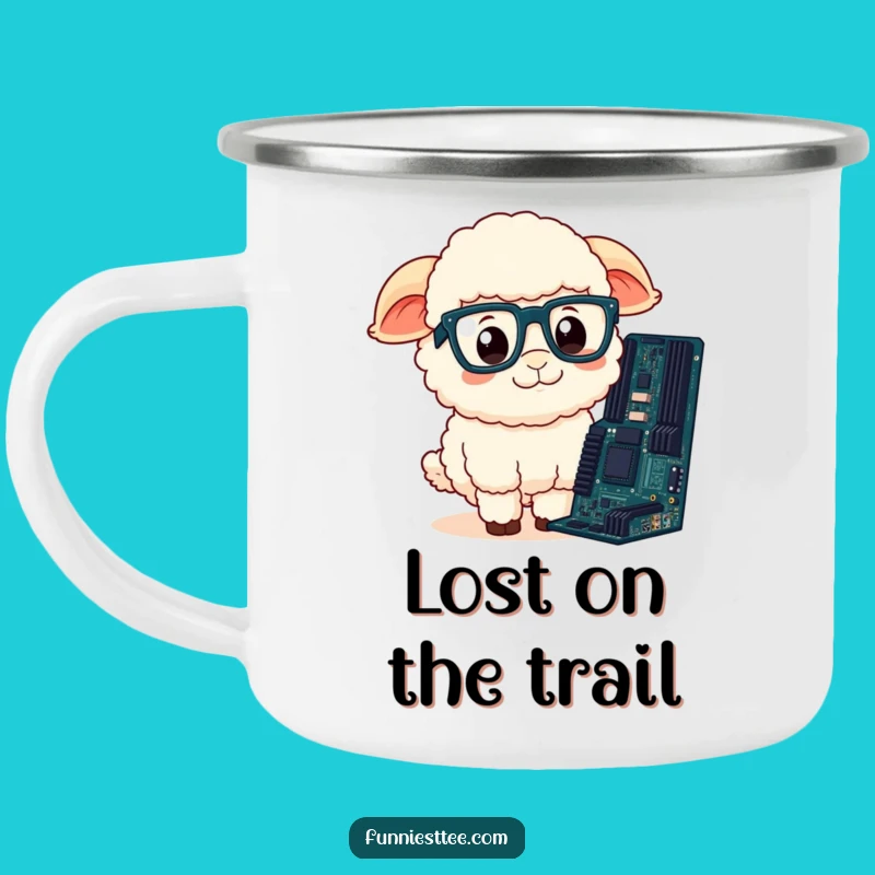 Funny Sheep Camping Mug: Confused Sheep & Motherboard, Adventure Tech Humor Gift