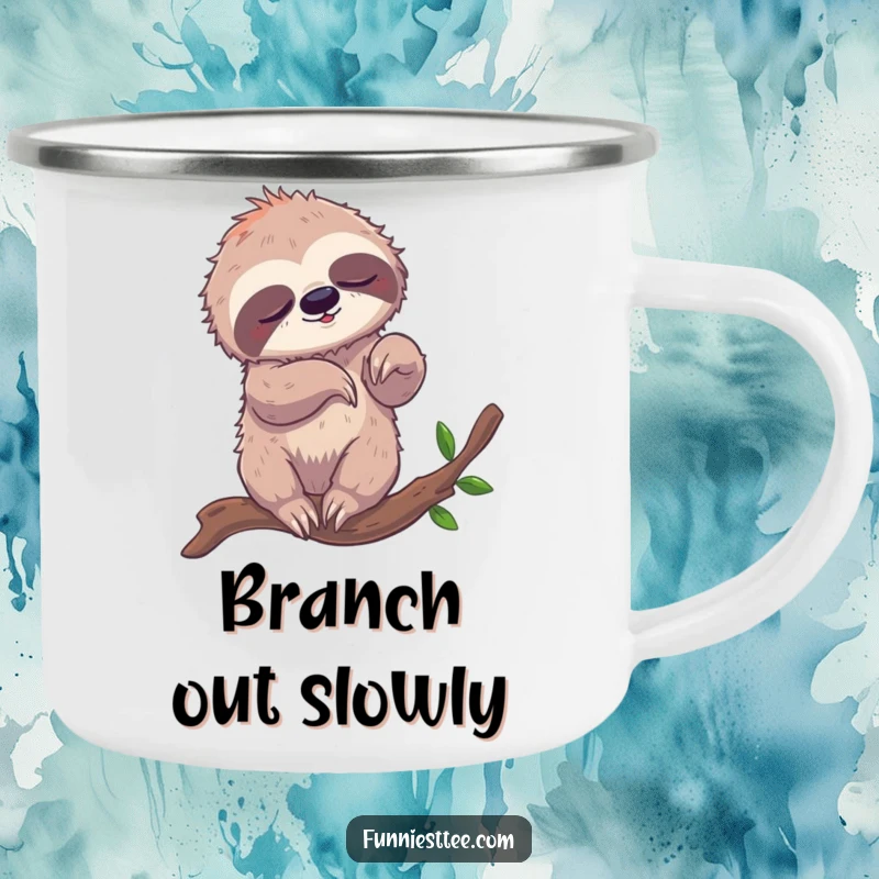 Funny camping mug with a sleepy sloth comically tangled in its limbs while breakdancing on a branch, ready for your adventures.