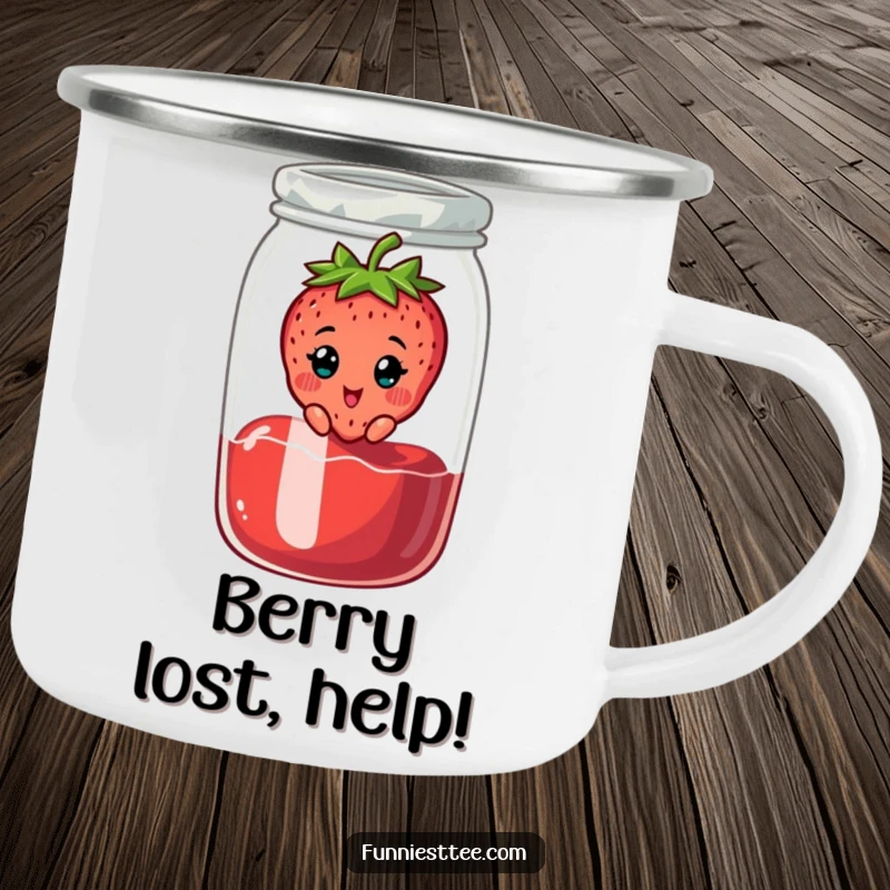 Funny camping mug featuring a cheerful strawberry character stuck in a jam jar, looking surprised, perfect for cozy outdoor moments.