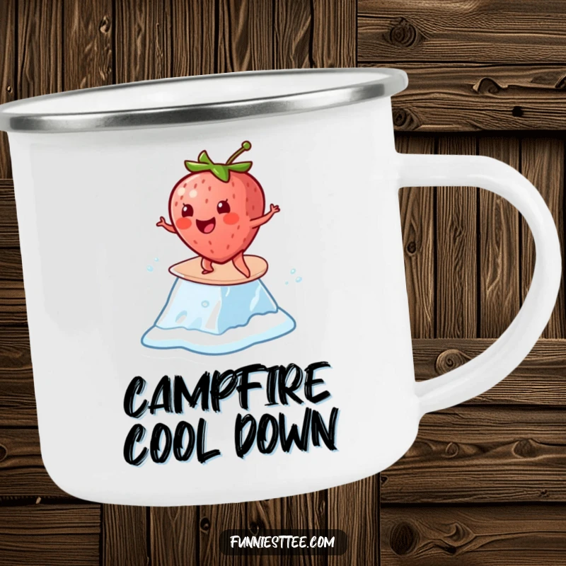 Funny Strawberry Surf Camping Mug: A cheerful strawberry surfs on a melting ice cube, perfect for outdoor fun.