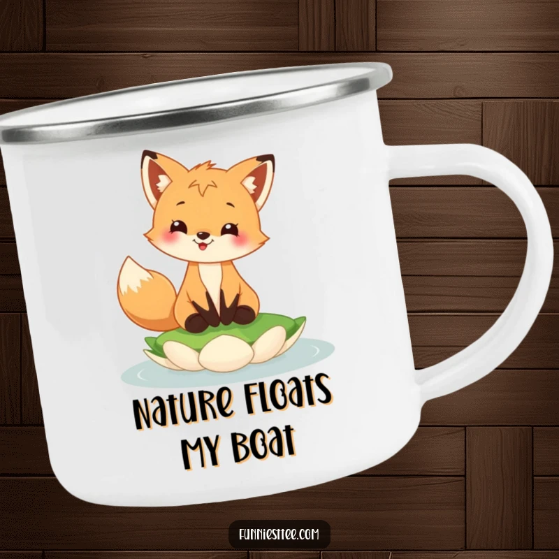 Funny fox cub camping mug with a happy fox cub grinning, balancing on a floating lily pad, for outdoor use.