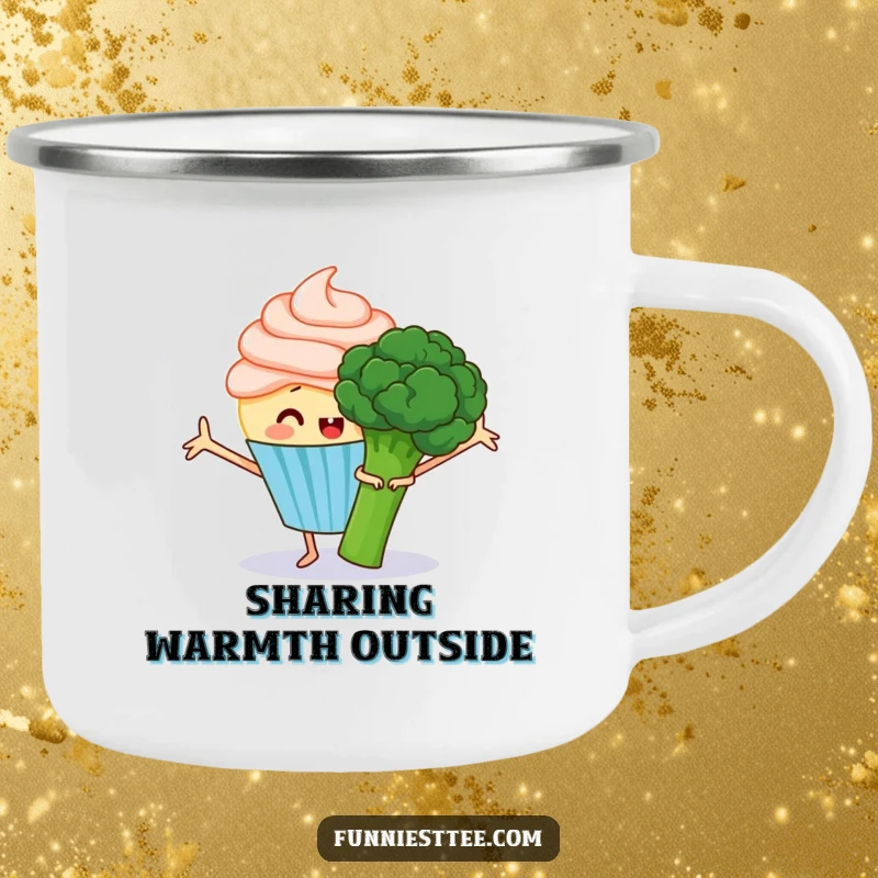 Funny camping mug featuring a happy cupcake with frosting arms outstretched, trying to hug a grumpy broccoli, perfect for outdoor sweetness.