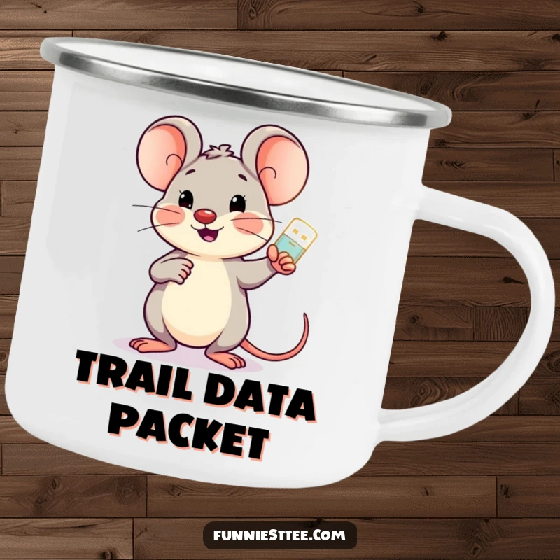 Funny cheerful mouse holding a glowing USB drive, pointing encouragingly at a screen, a rugged camping mug.