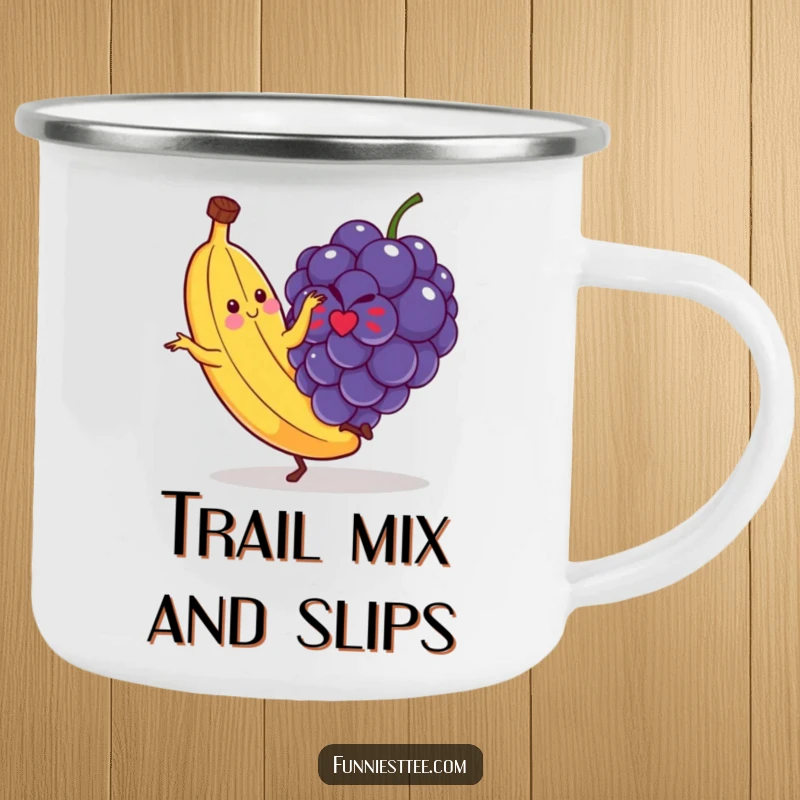 Funny camping mug featuring a banana comically slipping on a grape, designed for outdoor enthusiasts who enjoy a good laugh.