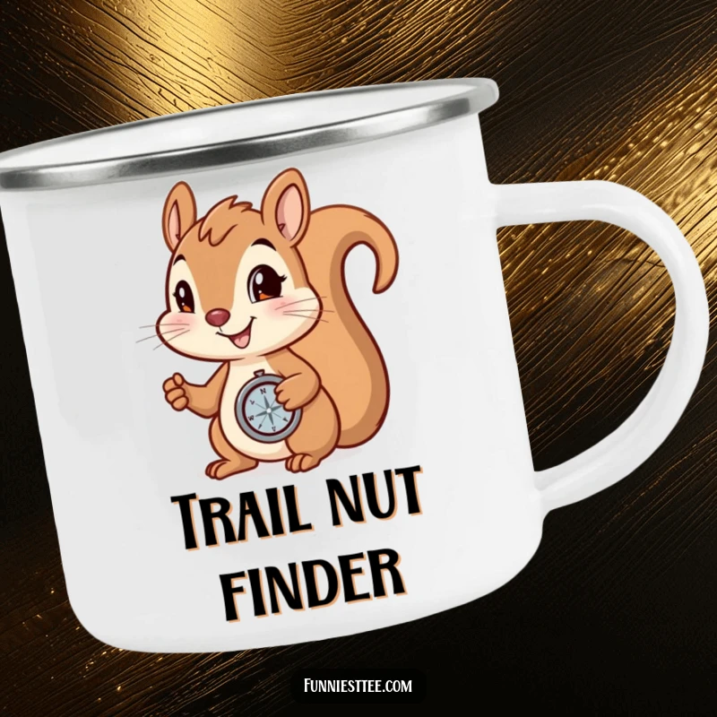 Funny Camping Mug: Smiling squirrel holding a compass, determined to find a hidden nut, perfect for outdoor adventures.