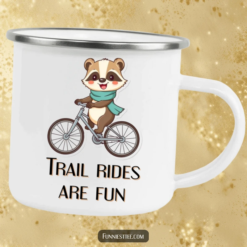 Funny badger camping mug with a cheerful badger in a scarf, riding a bicycle with big, unsteady wheels, for outdoor use.