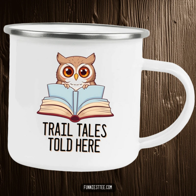 Funny owl camping mug depicting a curious owl peeking from a giant, open storybook, perfect for outdoor reading.