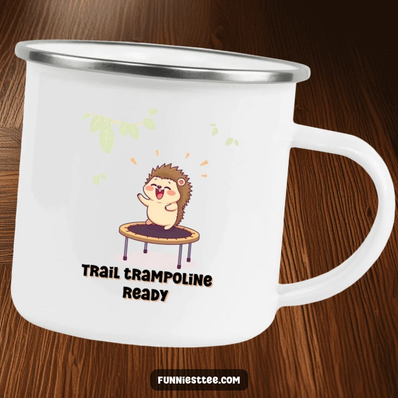 Funny camping mug featuring a hedgehog joyfully launching itself from a trampoline, designed for outdoor enthusiasts who appreciate humor.