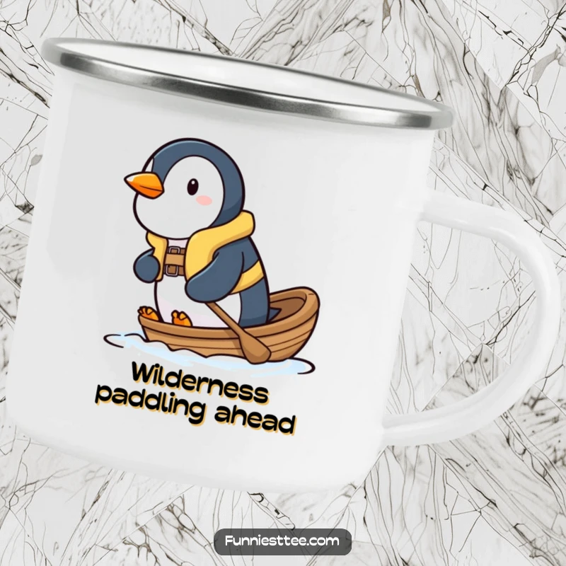 Funny penguin camping mug with a determined penguin in a life vest, paddling a small boat, for outdoor use.