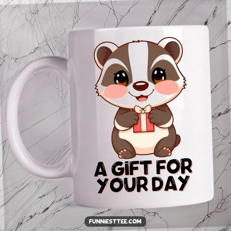 Funny happy badger with rosy cheeks, offering a small, wrapped gift with both paws, radiating warmth.