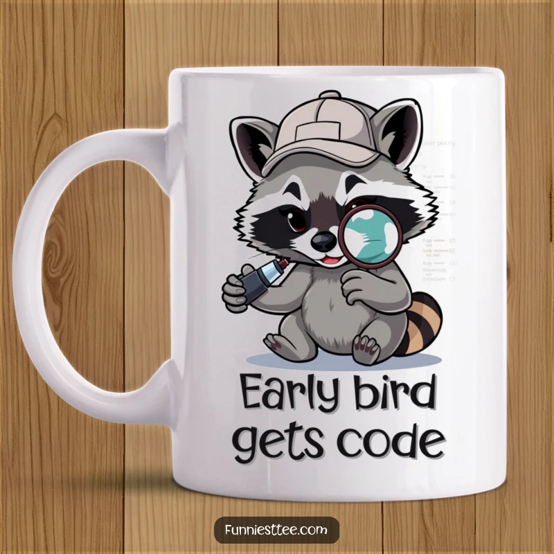 Funny Raccoon Debugger Mug: A determined raccoon with a backward cap uses a magnifying glass to debug code, a funny tech gift.