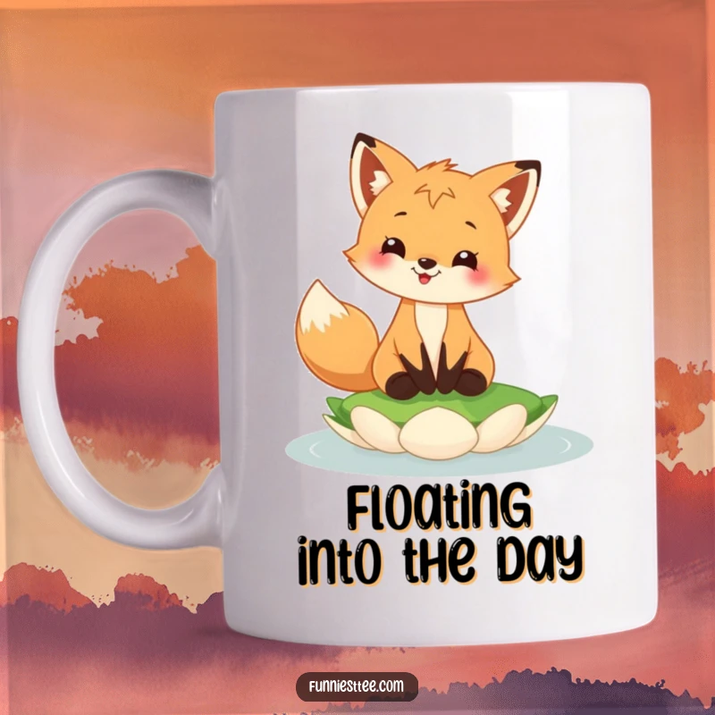 Funny fox cub mug with a big grin, expertly balancing on a floating lily pad, showcasing pure, playful joy.