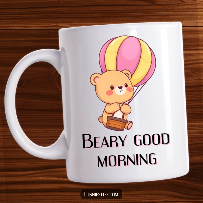 Funny Bear Cub Balloon Mug: Ceramic mug with a cute bear cub gently floating upwards, holding onto a colorful hot air balloon string, a funny whimsical scene.