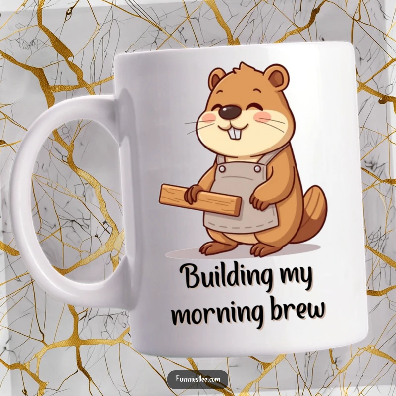 Funny beaver coder wearing an apron, building a website with wood planks, looking busy and determined.