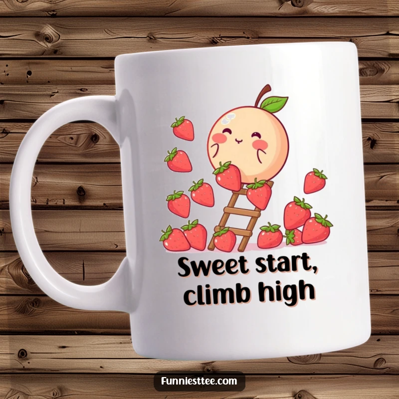 Funny mug featuring a round, blushing peach determinedly climbing a ladder made of bright red strawberries, embodying sweet effort.
