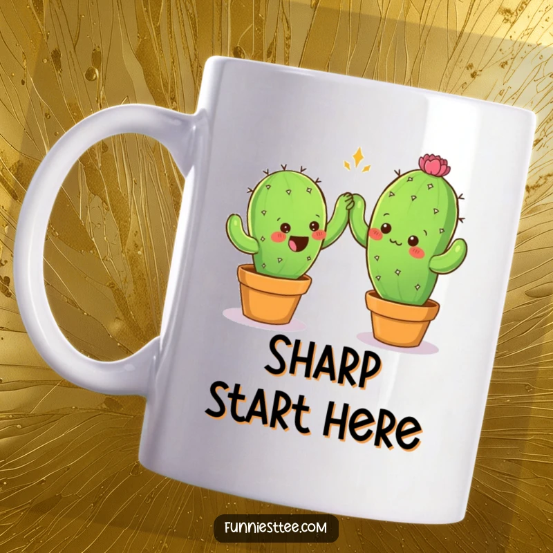 Funny mug showing two prickly cactus characters attempting a careful high-five, depicting a humorous and cautious friendly gesture.