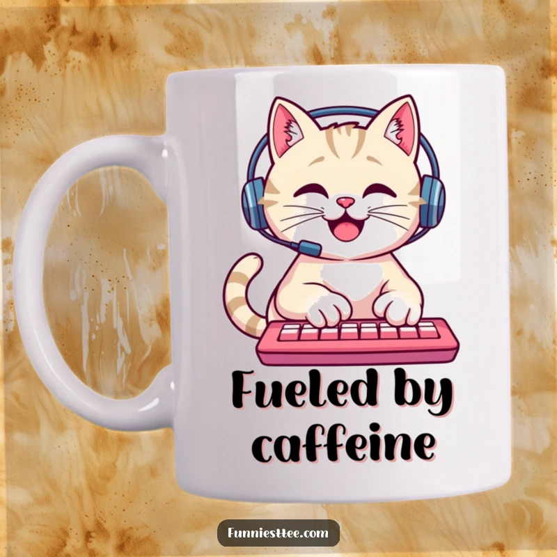 Funny Cat Programmer Mug: A happy cat wearing a headset types furiously on a keyboard, a great gift for coders.