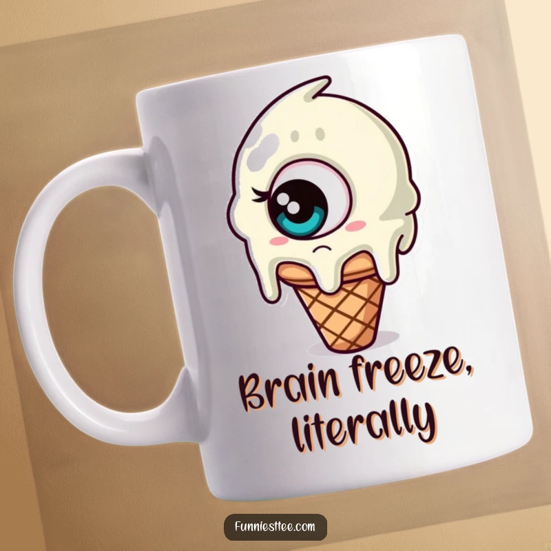 Funny mug featuring a melting ice cream cone with one giant, confused eye, looking utterly bewildered, a sweet and silly design.