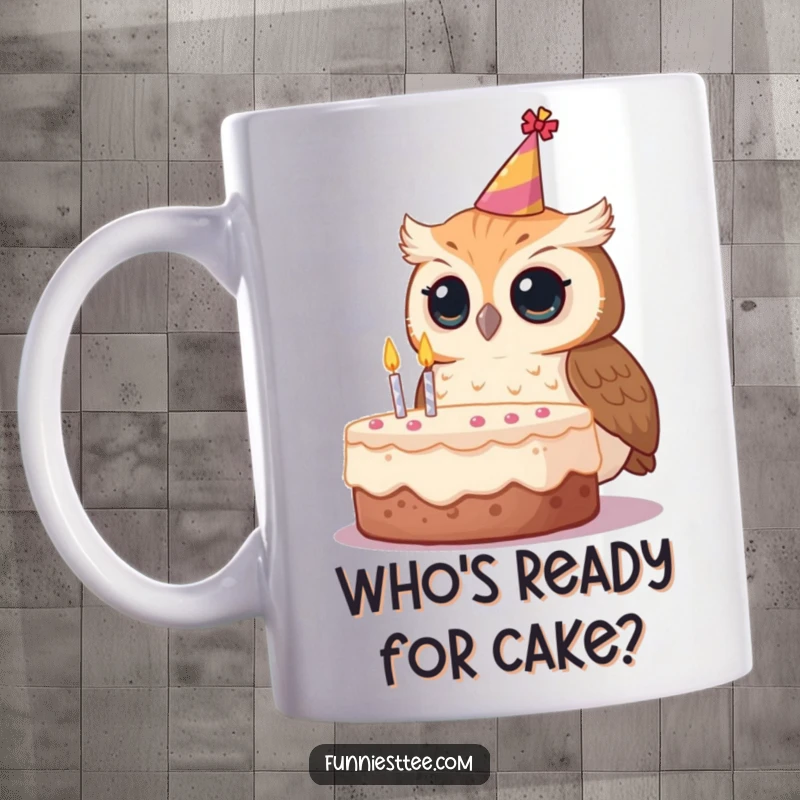 Funny curious owl wearing a tilted party hat, looking with wonder at a delicious birthday cake.