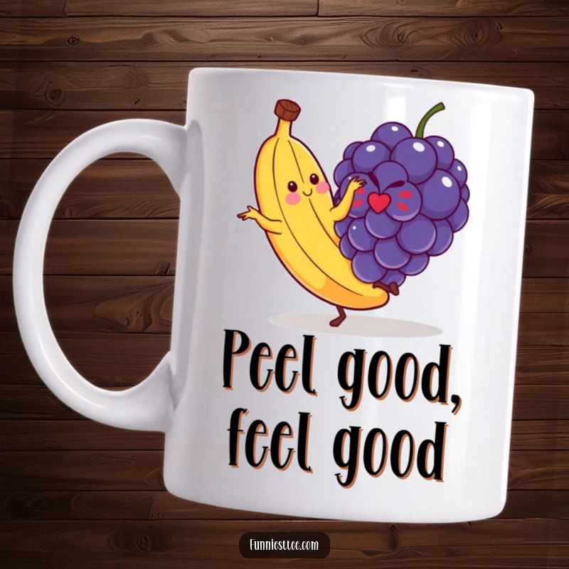 Funny mug featuring a dancing banana comically slipping on a tiny, rogue grape, embodying pure slapstick joy and unexpected tumbles.