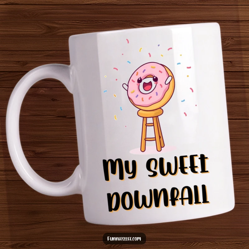 Funny cheerful donut character dramatically falling off a tall stool, sprinkles flying everywhere, on a mug.