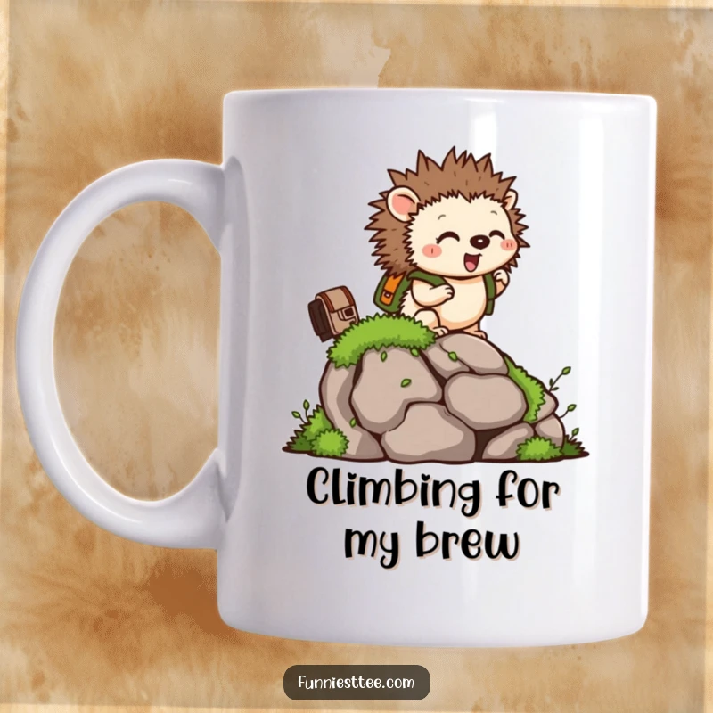 Funny mug featuring a tiny hedgehog with a backpack, excitedly climbing a mossy rock, ready for adventure.