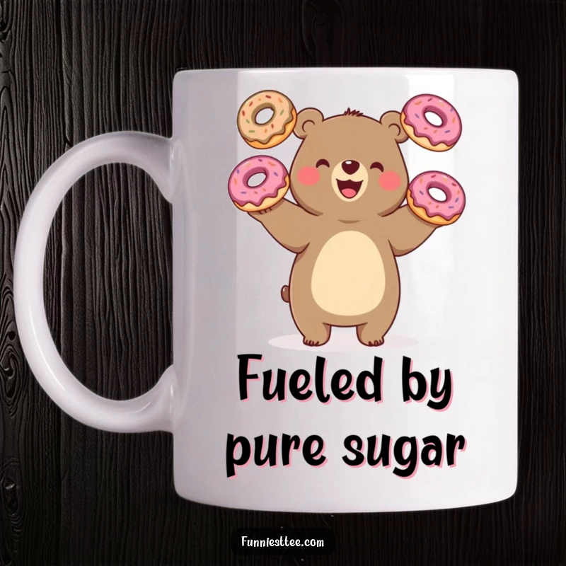 Funny happy bear character, juggling three oversized donuts with one paw, joyful expression, sweet and humorous, perfect gift.