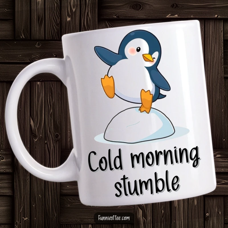 Funny Penguin Trip Mug: A penguin dramatically trips over a single icy pebble, a hilarious arctic cartoon for your morning.