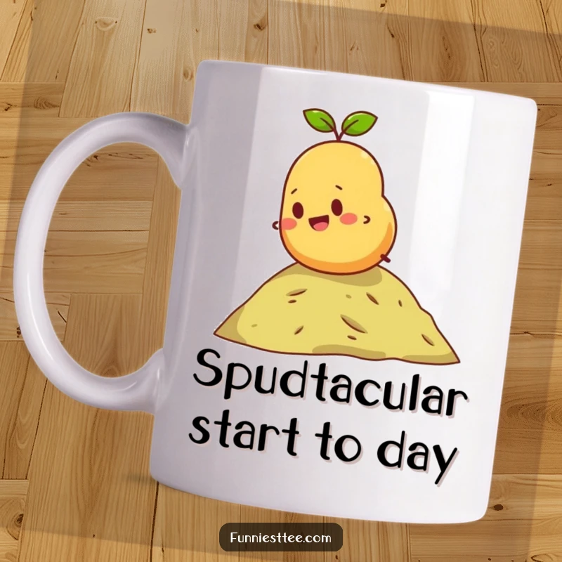 Funny mug featuring a joyful, determined potato hilariously rolling down a tiny hill, embodying unstoppable enthusiasm and a love for adventure.