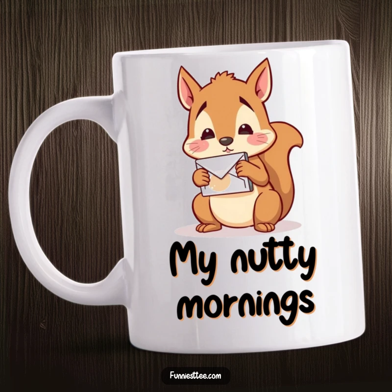 Funny Squirrel Mail Mug: A confused squirrel hilariously tries to mail a nut to itself, a whimsical cartoon for your desk.