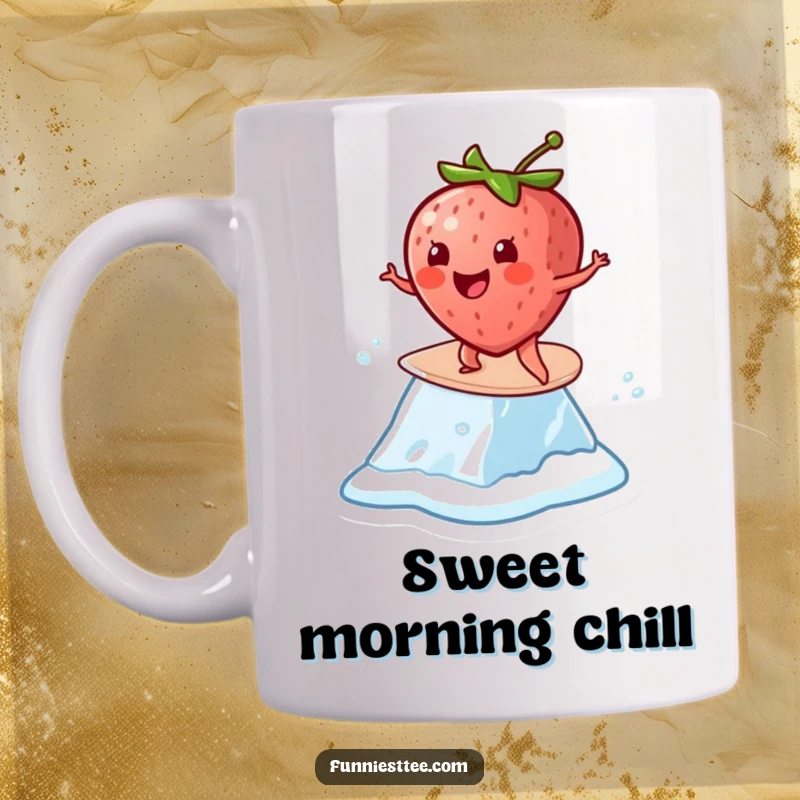 Funny Strawberry Surf Mug: A cheerful strawberry hilariously attempts to surf on a melting ice cube, a fun fruity design.