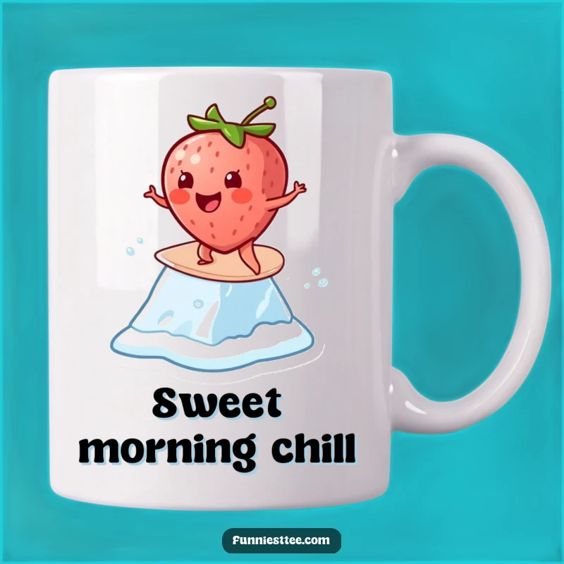 Funny Strawberry Surf Mug: Cheerful Melting Ice Cube Cartoon Gift