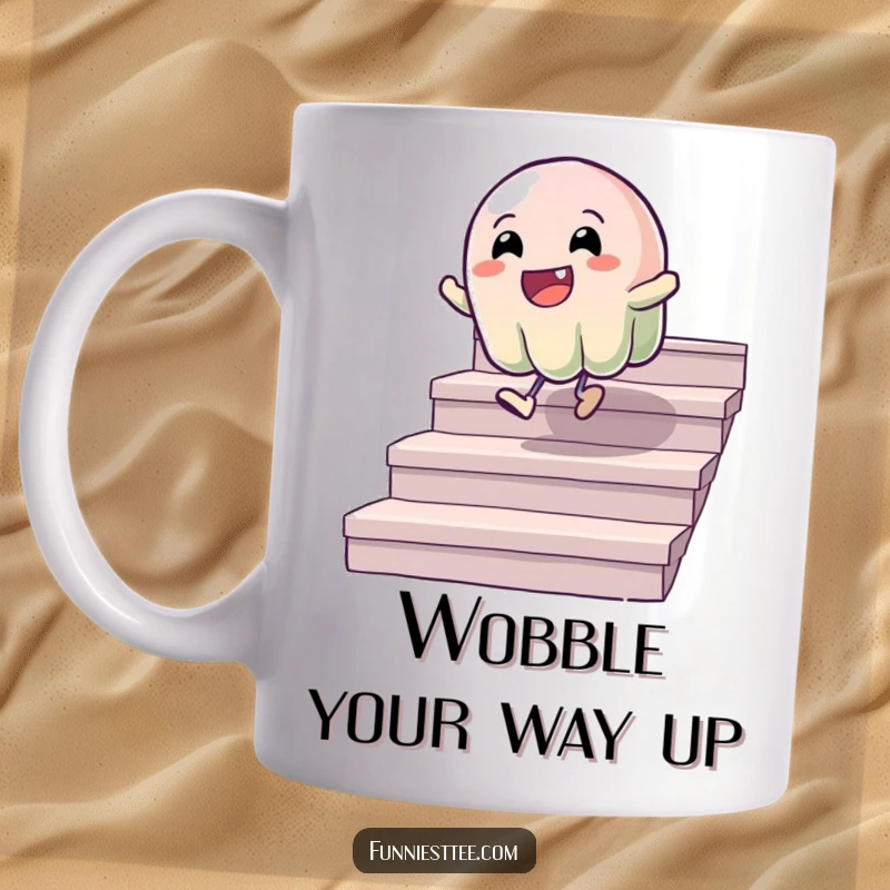 Funny mug featuring a wobbly jelly character cheerfully bouncing down a set of stairs, conveying pure, unadulterated, humorous joy.