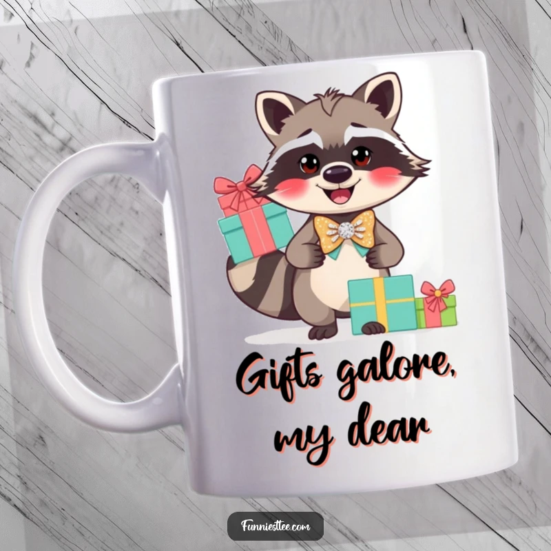 Funny smiling raccoon wearing a sparkly bow tie, expertly balancing a tall stack of wrapped gifts.