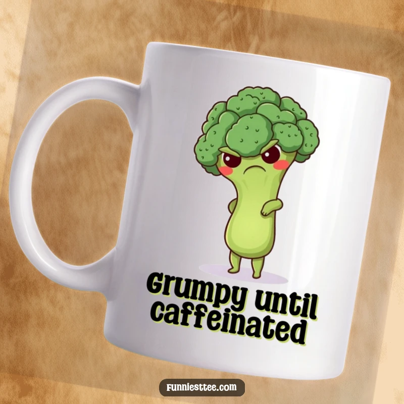 Funny grumpy broccoli floret attempting a handstand, showing determination despite its grumpy expression, a humorous and cute fitness-themed gift.