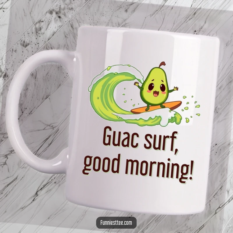 Funny mug featuring a shocked avocado surfing a massive guacamole wave, embodying pure, unexpected joy and surf vibes.