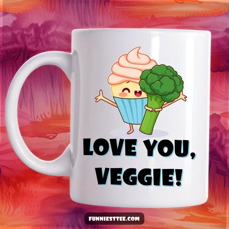 Funny mug featuring a happy cupcake with frosting arms outstretched, trying to hug a grumpy broccoli, a heartwarming scene of contrast.