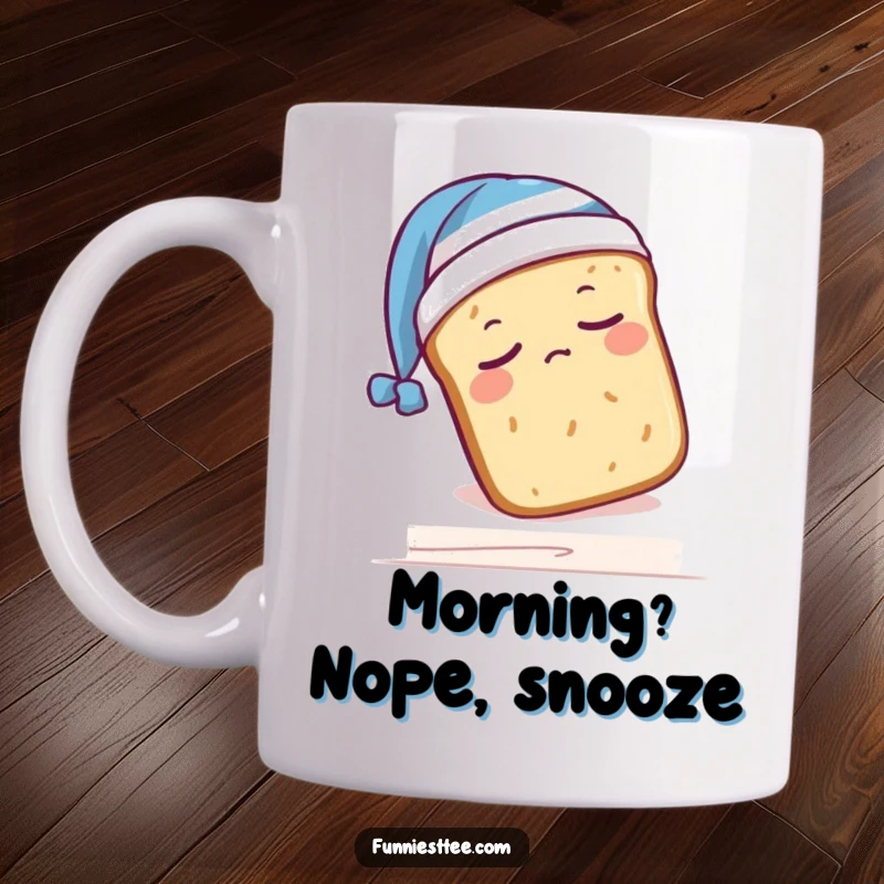 Funny mug featuring a sleepy bread loaf wearing a nightcap, comically falling off a shelf, a hilarious and relatable character.