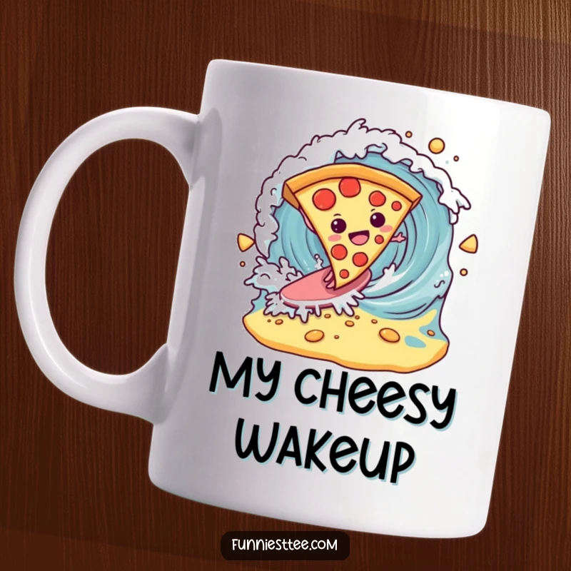 Funny determined pizza slice surfing a breaking wave of cheese on a mug, showcasing a hilarious and delicious action scene.