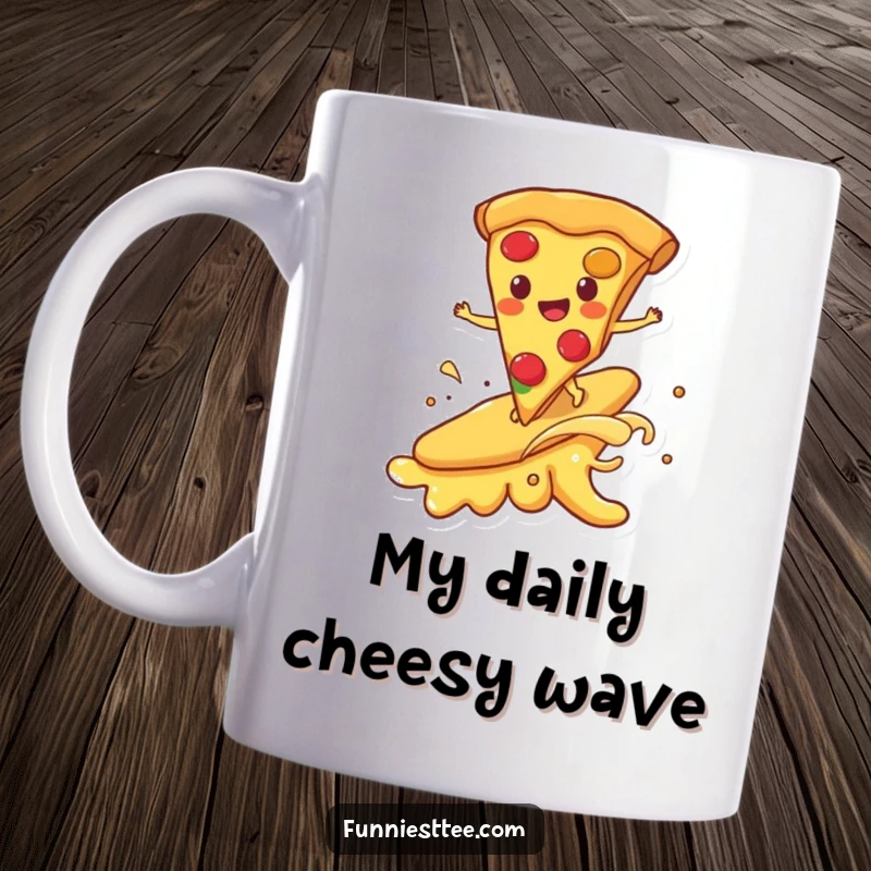 Funny happy pizza slice character joyfully surfing on a dynamic wave of melting cheese, depicting a delicious and humorous food adventure.