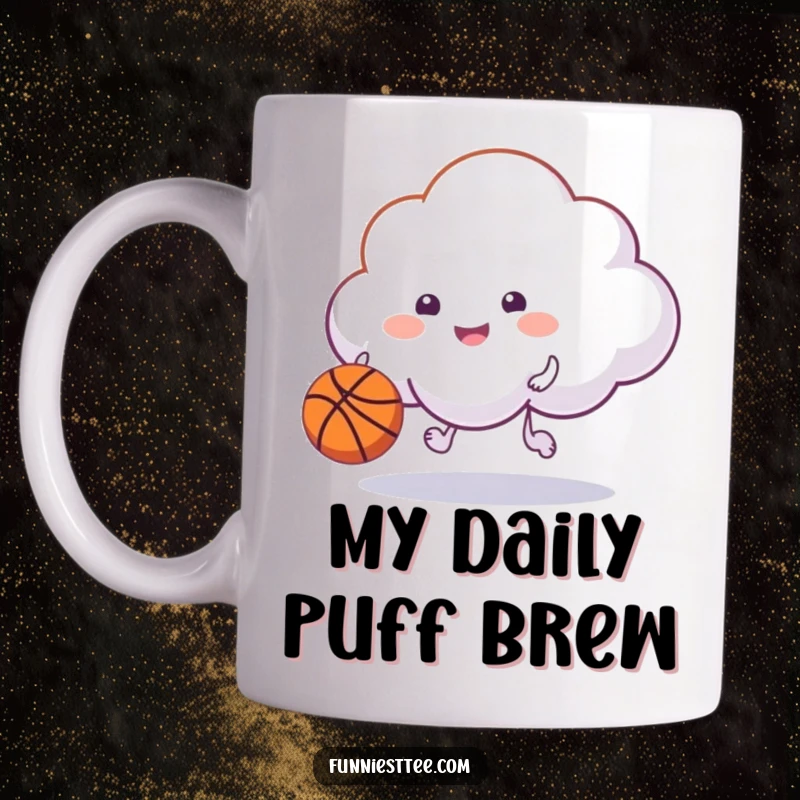 Funny happy cloud character dribbling a basketball with its puff on a mug, showcasing a whimsical and energetic sports scene.