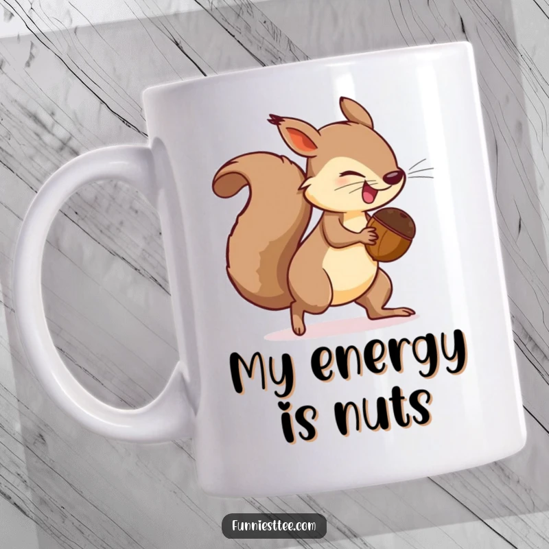 Funny Mug illustration of a determined squirrel with a comically large acorn chasing its own tail in a frenzy.