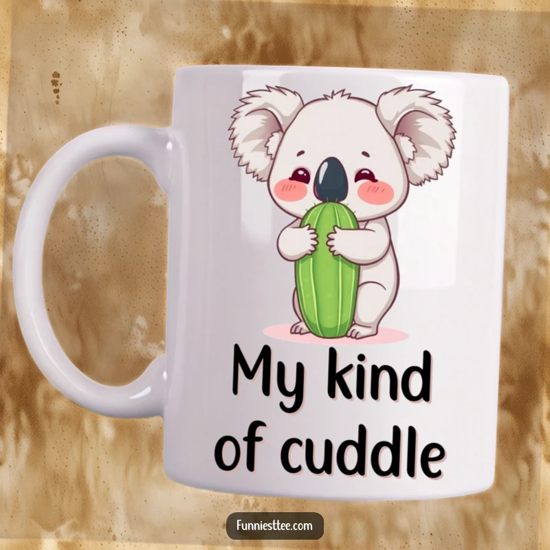 Funny koala mug featuring a determined koala attempting a full embrace with a spiky cactus, showcasing a hilarious and relatable struggle.