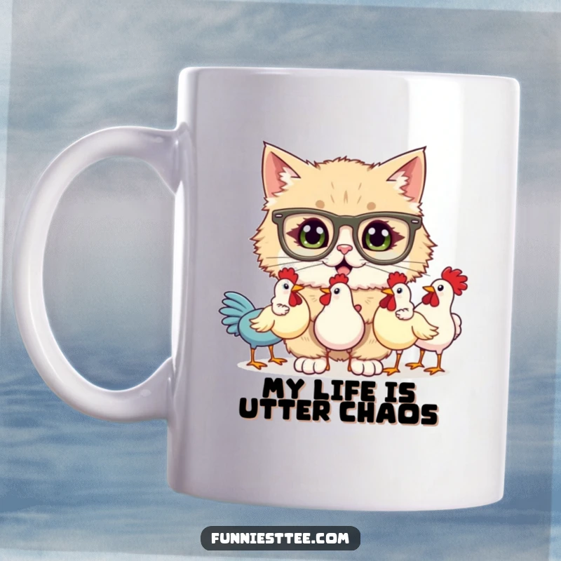 Funny mug with a fluffy cat wearing big glasses, comically juggling three rubber chickens with a look of intense concentration.